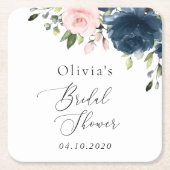 ネイビーブルーの花、ピンクの花、結婚式前祝い スクエアペーパーコースター (正面)