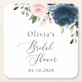 ネイビーブルーの花、ピンクの花、結婚式前祝い スクエアペーパーコースター