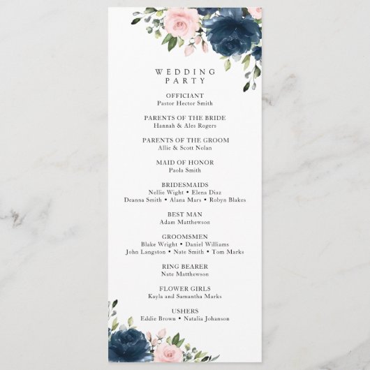 ネイビーブルーの花，ピンクの花，結婚式 プログラム (裏面)