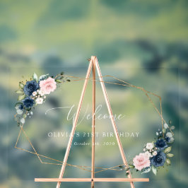 ネイビーブルーの花、ピンクの花、誕生日へようこそ アクリルサイン
