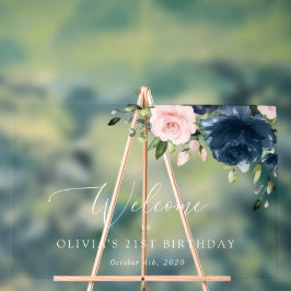 ネイビーブルーの花、ピンクの花、誕生日へようこそ アクリルサイン
