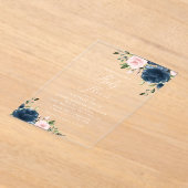 ネイビーブルーの花，ピンクの花，赤ちゃんシャワー アクリル招待状 (レイダウン)