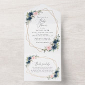 ネイビーブルーの花,ピンクの花,赤ちゃんシャワー オールインワン招待状 (内側)