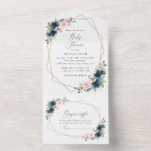 ネイビーブルーの花，ピンクの花，赤ちゃんシャワー オールインワン招待状 (内側)