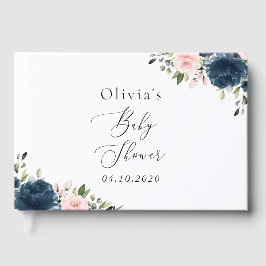 ネイビーブルーの花，ピンクの花，赤ちゃんシャワー ゲストブック