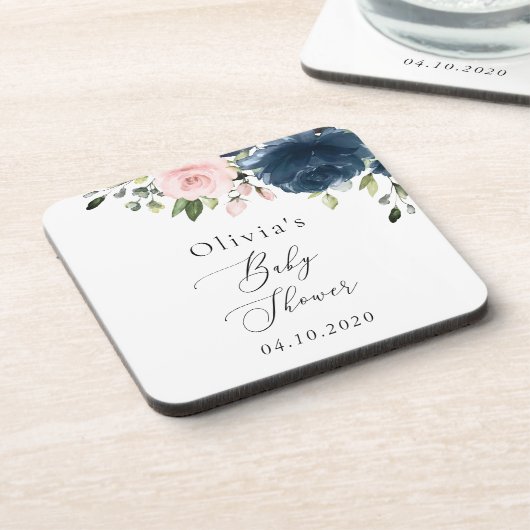 ネイビーブルーの花,ピンクの花,赤ちゃんシャワー コースター (左側)