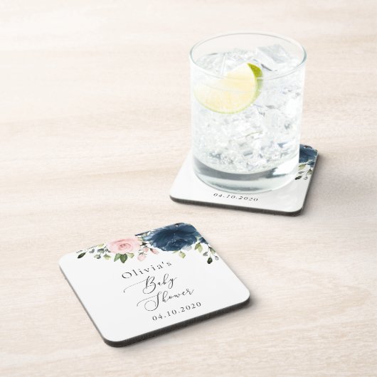 ネイビーブルーの花,ピンクの花,赤ちゃんシャワー コースター (右側)