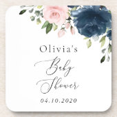 ネイビーブルーの花,ピンクの花,赤ちゃんシャワー コースター (正面)