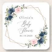 ネイビーブルーの花，ピンクの花，赤ちゃんシャワー コースター (正面)