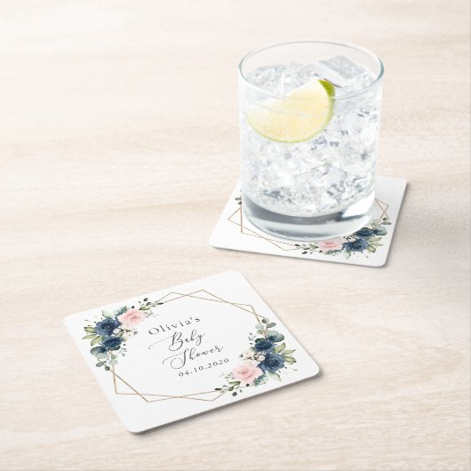 ネイビーブルーの花,ピンクの花,赤ちゃんシャワー スクエアペーパーコースター (インサイチュ)