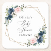 ネイビーブルーの花,ピンクの花,赤ちゃんシャワー スクエアペーパーコースター (正面)
