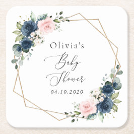 ネイビーブルーの花，ピンクの花，赤ちゃんシャワー スクエアペーパーコースター