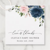 ネイビーブルーの花，ピンクの花，赤ちゃんシャワー フェイバータグ (正面)