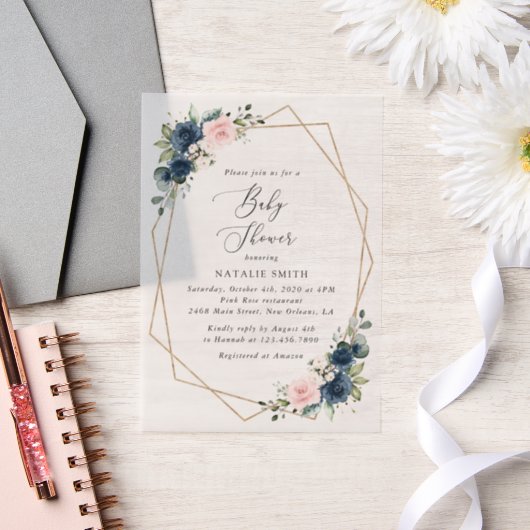 ネイビーブルーの花，ピンクの花，赤ちゃんシャワー ベラム紙招待状 (ウェディング)