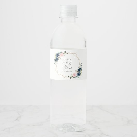 ネイビーブルーの花,ピンクの花,赤ちゃんシャワー ペットボトルラベル (正面)