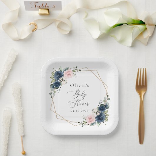ネイビーブルーの花，ピンクの花，赤ちゃんシャワー ペーパープレート (ウェディング)