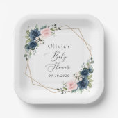 ネイビーブルーの花，ピンクの花，赤ちゃんシャワー ペーパープレート (正面)