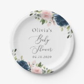 ネイビーブルーの花,ピンクの花,赤ちゃんシャワー ペーパープレート (正面)
