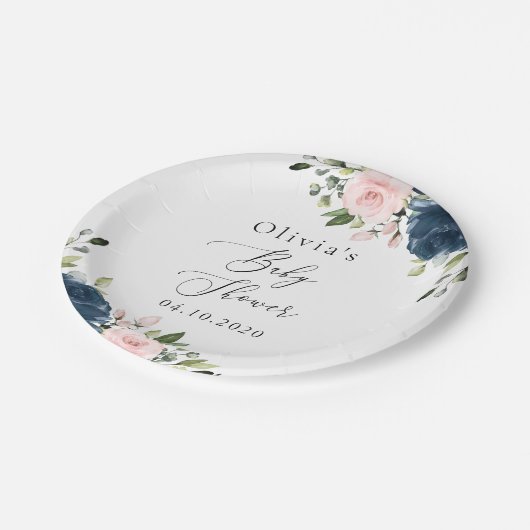 ネイビーブルーの花,ピンクの花,赤ちゃんシャワー ペーパープレート (アングル)