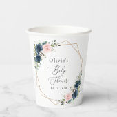 ネイビーブルーの花，ピンクの花，赤ちゃんシャワー 紙コップ (裏面)