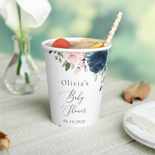 ネイビーブルーの花,ピンクの花,赤ちゃんシャワー 紙コップ (インサイチュ)
