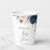ネイビーブルーの花,ピンクの花,赤ちゃんシャワー 紙コップ (正面)