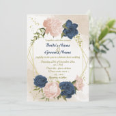 ネイビーブルーの花 緑の葉 幾何学的な結婚式 招待状 (スタンド正面)