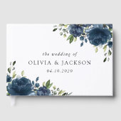 ネイビーブルーの花、緑、ボホ、フローラ結婚ズ ゲストブック (正面)