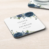 ネイビーブルーの花、緑、ボホ、フローラ結婚ズ コースター (左側)