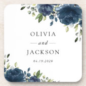ネイビーブルーの花、緑、ボホ、フローラ結婚ズ コースター (正面)