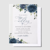 ネイビーブルーの花、緑、ボホ、フローラ結婚ズ ベラム紙招待状 (オフセット)