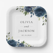 ネイビーブルーの花、緑、ボホ、フローラ結婚ズ ペーパープレート (正面)
