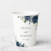 ネイビーブルーの花、緑、ボホ、フローラ結婚ズ 紙コップ (裏面)