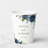 ネイビーブルーの花、緑、ボホ、フローラ結婚ズ 紙コップ (正面)