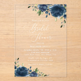 ネイビーブルーの花，緑， Boho,ブライダルシャワー アクリル招待状
