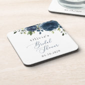 ネイビーブルーの花，緑， Boho,ブライダルシャワー コースター (左側)