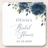 ネイビーブルーの花，緑， Boho,ブライダルシャワー コースター (正面)