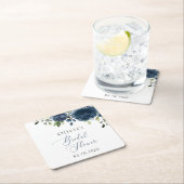 ネイビーブルーの花,緑, Boho,ブライダルシャワー スクエアペーパーコースター (インサイチュ)