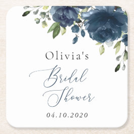 ネイビーブルーの花，緑， Boho,ブライダルシャワー スクエアペーパーコースター