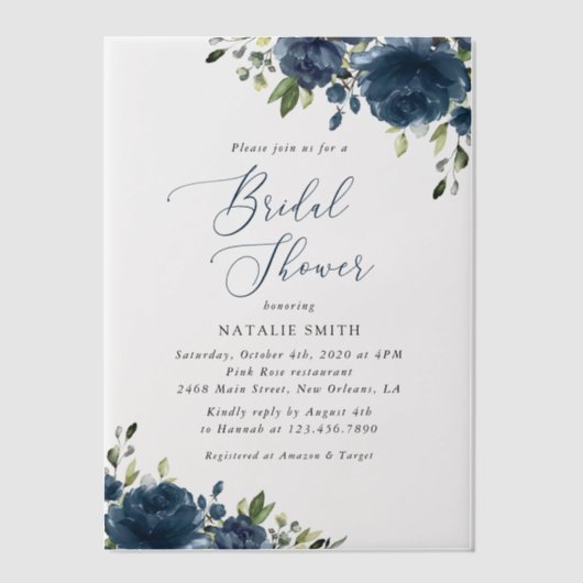 ネイビーブルーの花，緑， Boho,ブライダルシャワー ベラム紙招待状 (正面)