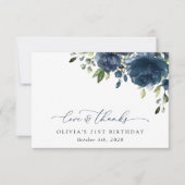 ネイビーブルーの花,緑, Boho,誕生日 サンキューカード (正面)