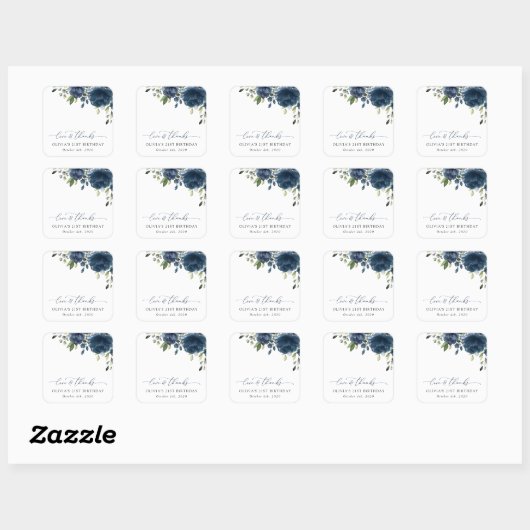 ネイビーブルーの花，緑， Boho,誕生日 スクエアシール (シート)