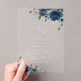ネイビーブルーの花,緑, Boho,赤ちゃんシャワー アクリル招待状