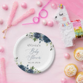 ネイビーブルーの花,緑, Boho,赤ちゃんシャワー ペーパープレート (パーティー)