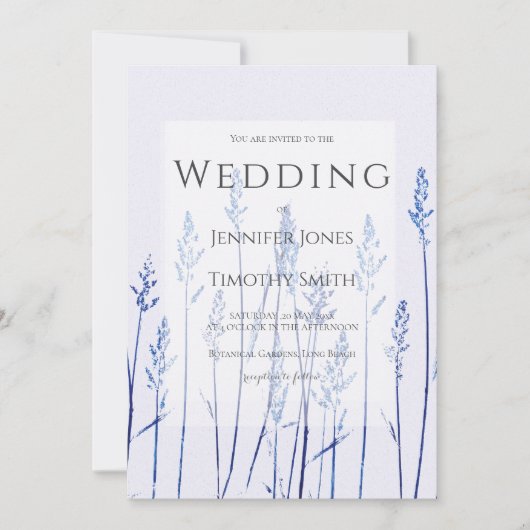 ネイビーブルーの草の葉が自然のウェディング  招待状 (正面)