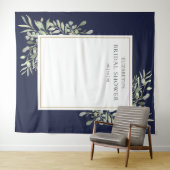 ネイビーブルーの葉のブライダルシャワー写真用背景 タペストリー (インサイチュ(横))