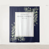 ネイビーブルーの葉のブライダルシャワー写真用背景 タペストリー (正面)