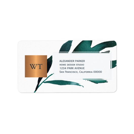 ネイビーブルーの葉メタリック銅角モノグラム ラベル (正面)