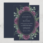 ネイビーブルーの装飾的な植物の結婚式 招待状 (正面/裏面)