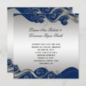 ネイビーブルーの装飾的な銀の渦巻きを使った結婚後お祝い 招待状 (正面/裏面)